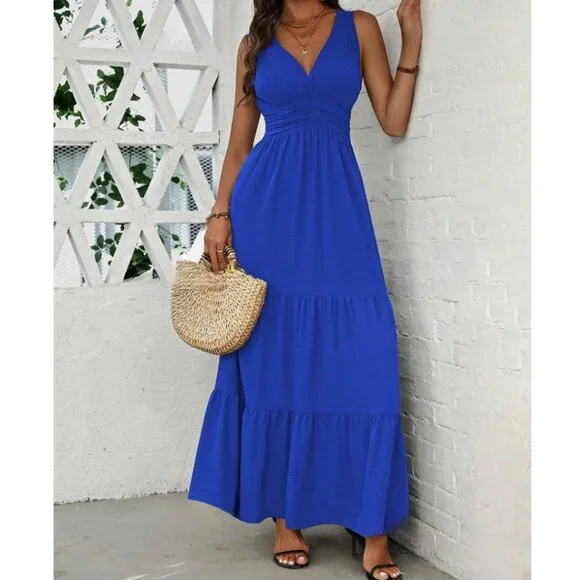 Boho V-Neck Pleated Waist Dress Blue - Picture 2 of 9